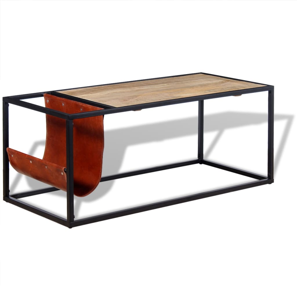 Sohvapöytä nahkaisella lehtitelineellä 110x50x45 cm - Sisustajankoti.fi