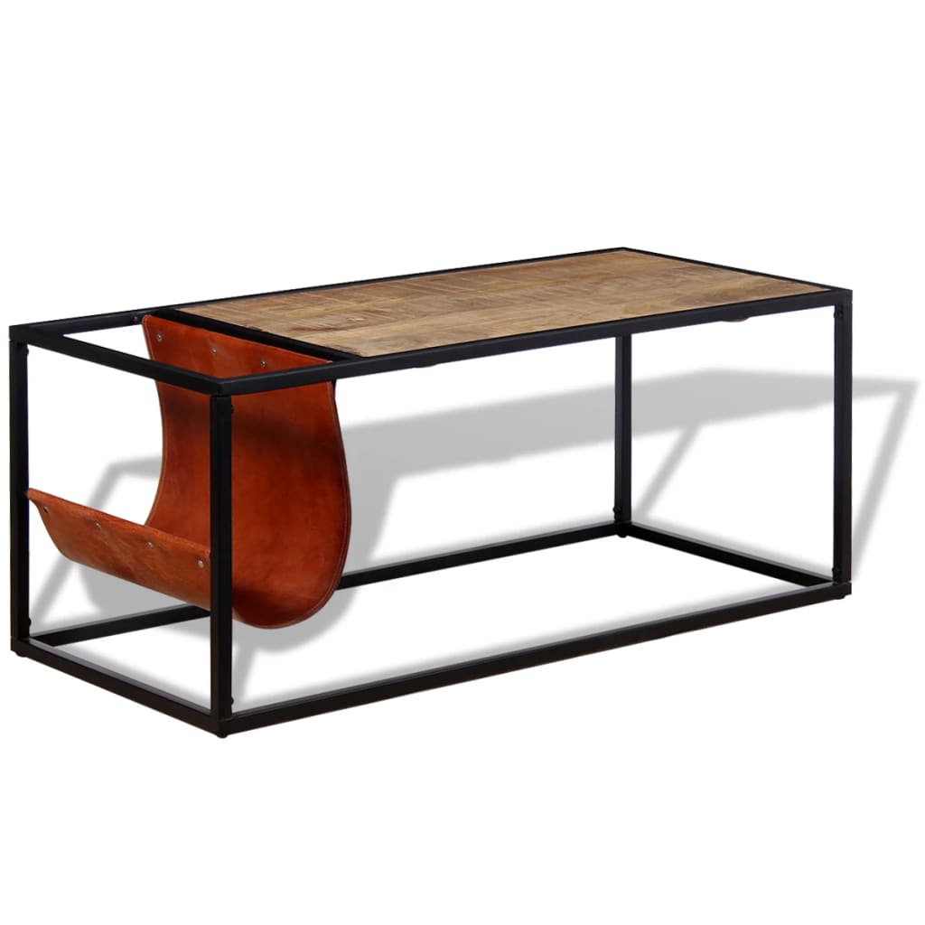 Sohvapöytä nahkaisella lehtitelineellä 110x50x45 cm - Sisustajankoti.fi