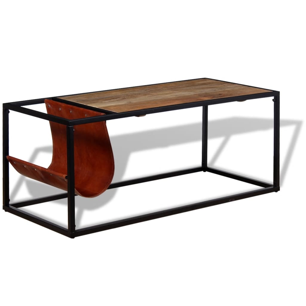 Sohvapöytä nahkaisella lehtitelineellä 110x50x45 cm - Sisustajankoti.fi