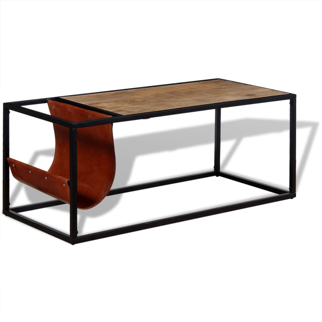 Sohvapöytä nahkaisella lehtitelineellä 110x50x45 cm - Sisustajankoti.fi