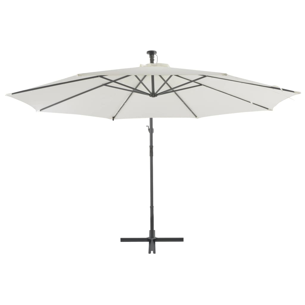 Aurinkovarjo LED-valoilla ja metallipylväällä 350 cm hiekka - Sisustajankoti.fi