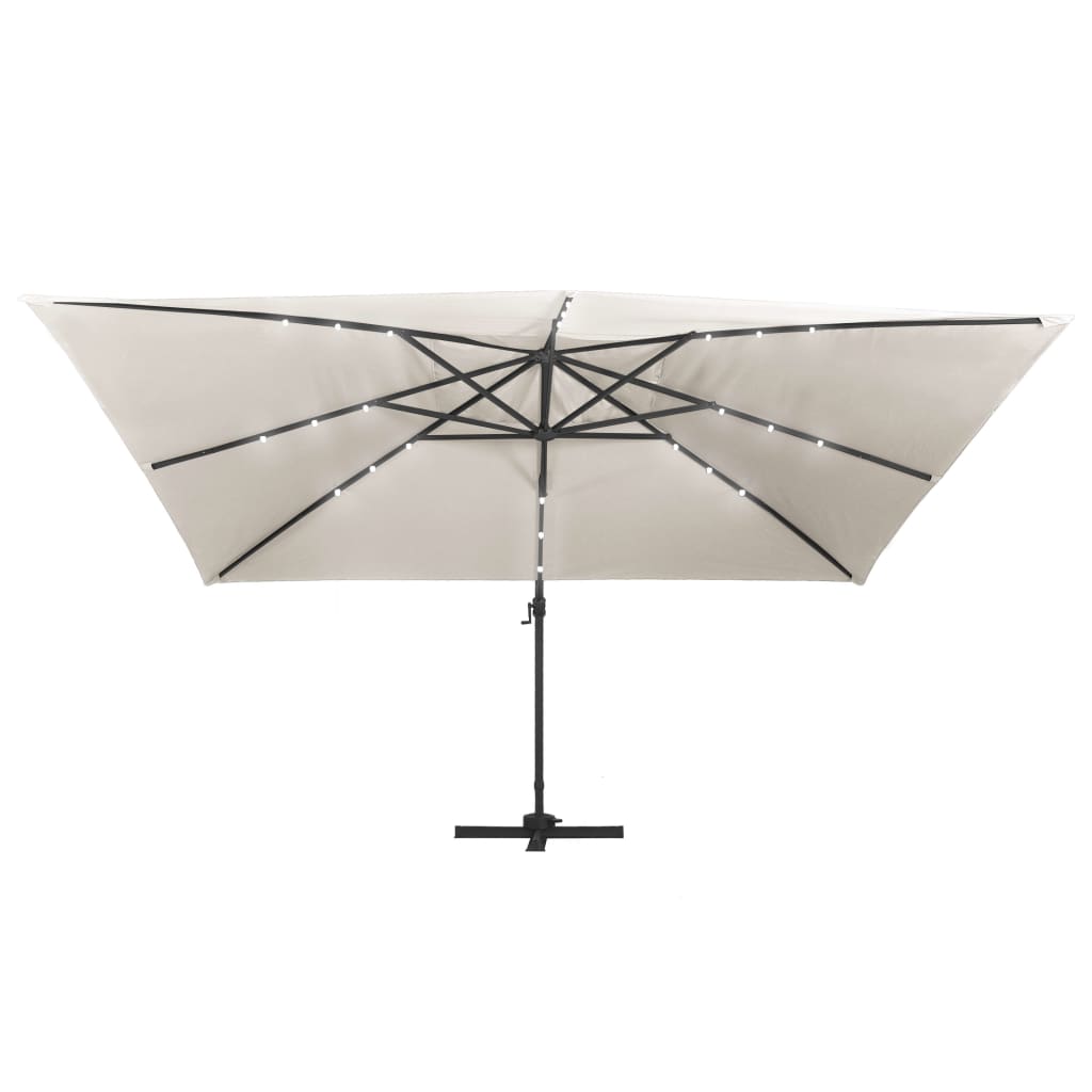 Aurinkovarjo LED-valoilla alumiinipylväällä 400x300 cm hiekka - Sisustajankoti.fi