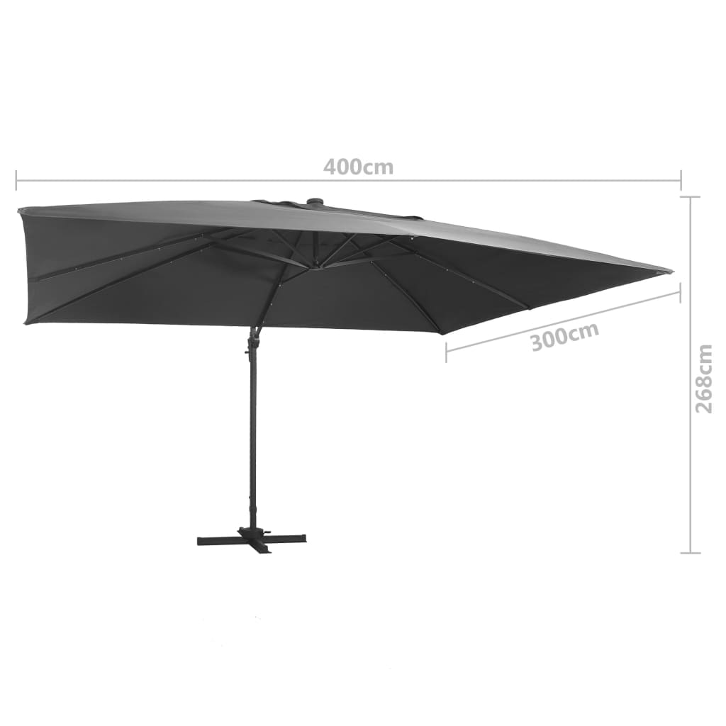 Aurinkovarjo LED-valoilla alumiinipylväällä 400x300 cm antras. - Sisustajankoti.fi