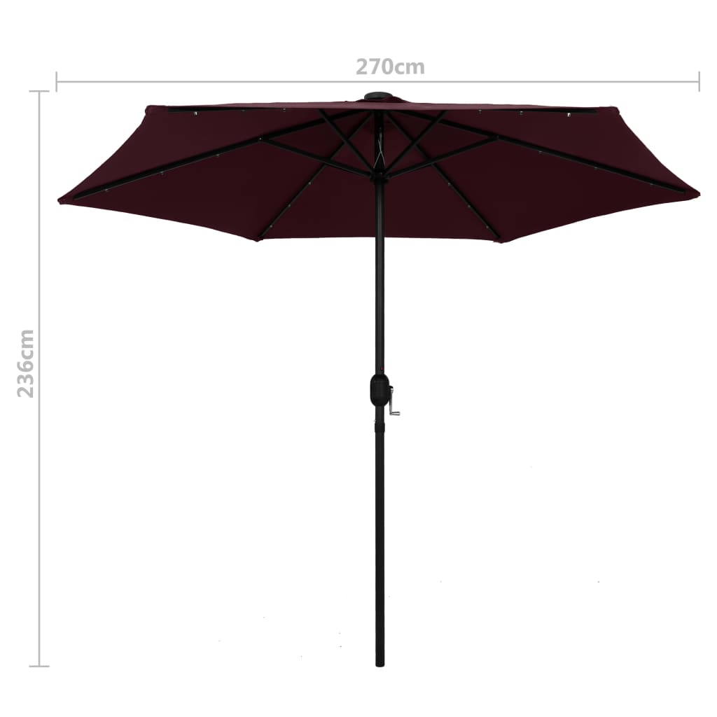 Ulkoaurinkovarjo LED-valot alumiinitanko 270 cm viininpunainen - Sisustajankoti.fi