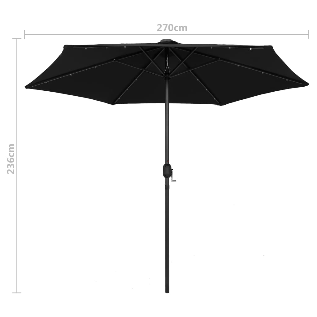 Ulkoaurinkovarjo LED-valot alumiinitanko 270 cm musta - Sisustajankoti.fi