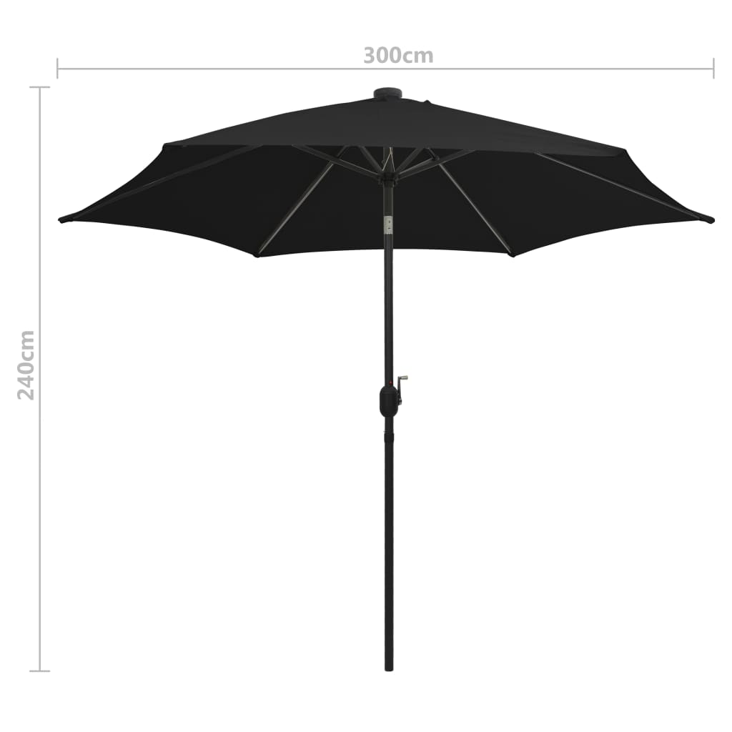 Ulkoaurinkovarjo LED-valot alumiinitanko 300 cm musta - Sisustajankoti.fi