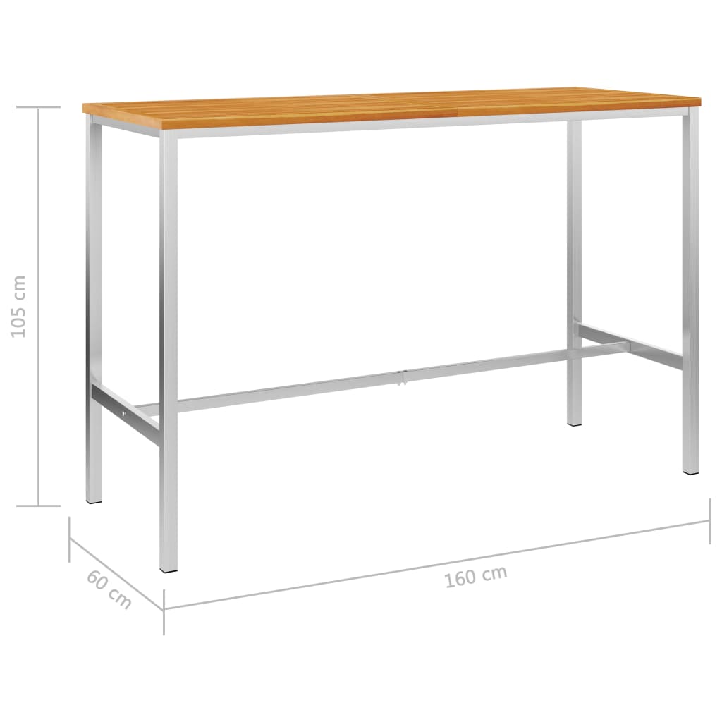 Baaripöytä 160x60x105 cm täysi akaasiapuu ja ruostumaton teräs - Sisustajankoti.fi