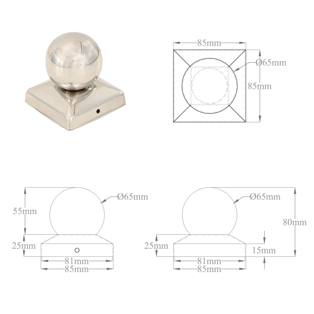 Pallon muotoiset tolpan kärjet 6 kpl ruostumaton teräs 81x81 mm - Sisustajankoti.fi