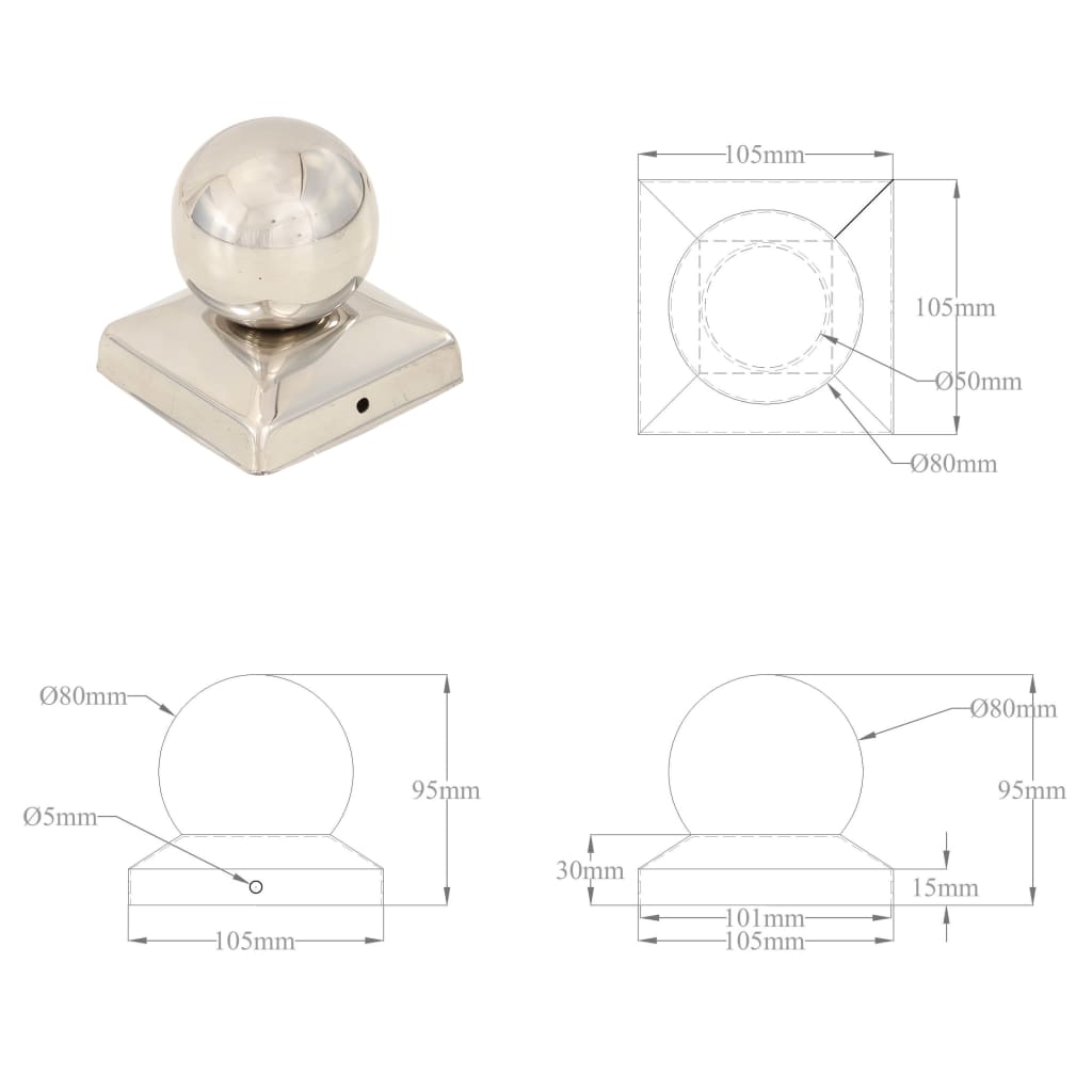 Pallon muotoiset tolpan kärjet 6 kpl ruostumaton teräs 101x101 mm - Sisustajankoti.fi