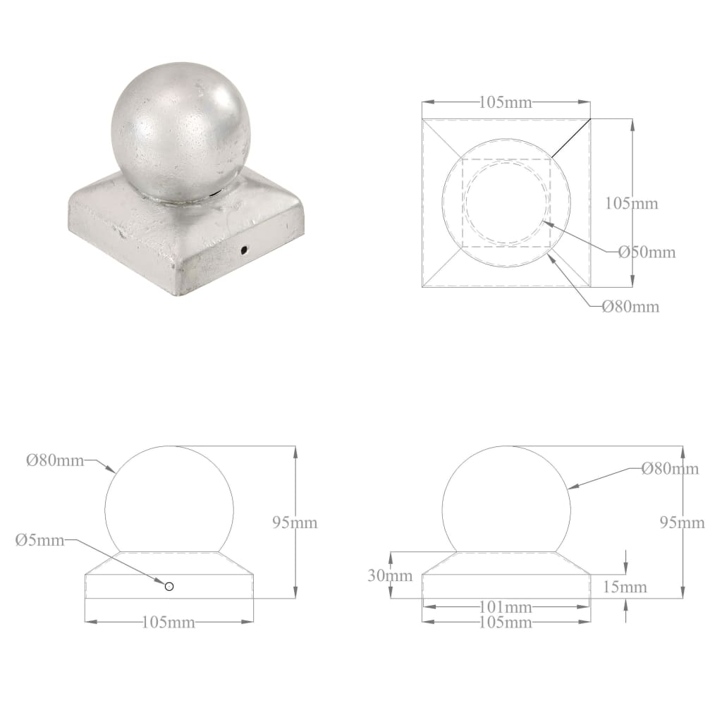 Pallonmuotoiset tolpan kärjet 6kpl galvanoitu metalli 101x101mm - Sisustajankoti.fi