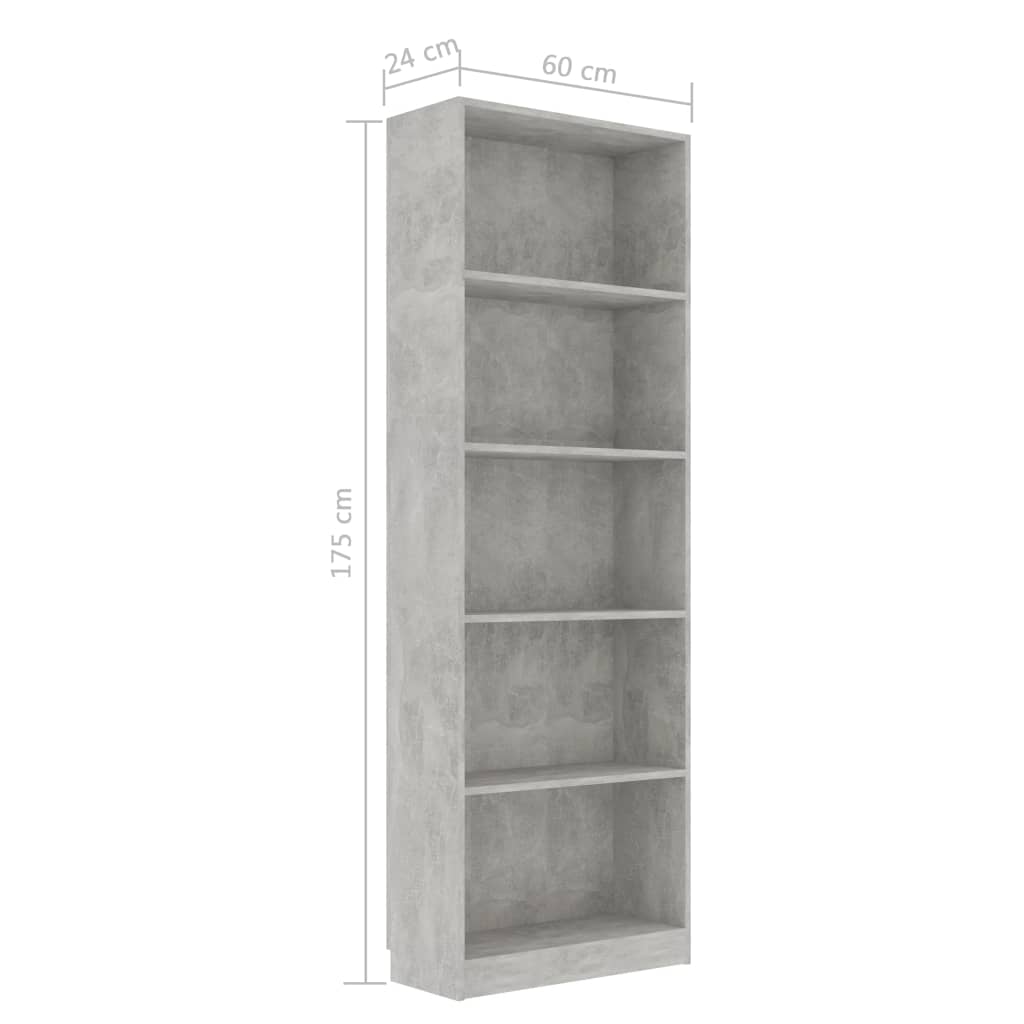 5-tasoinen kirjahylly betoninharmaa 60x24x175 cm - Sisustajankoti.fi