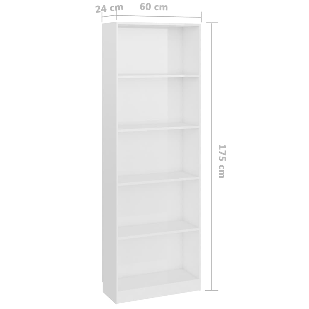 5-tasoinen kirjahylly korkeakiilto valk. 60x24x175 cm - Sisustajankoti.fi