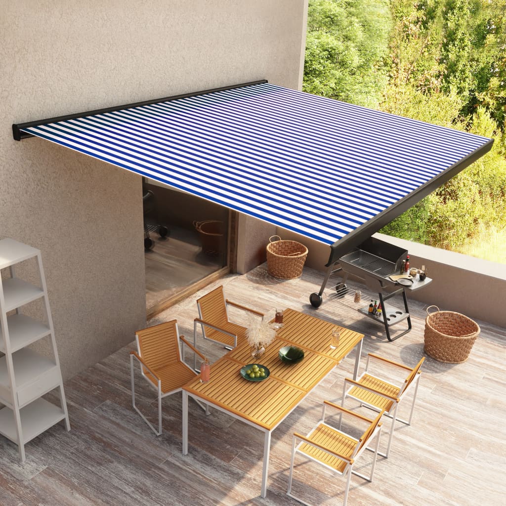 Moottoroitu kasettimarkiisi 350x250 cm sininen ja valkoinen - Sisustajankoti.fi
