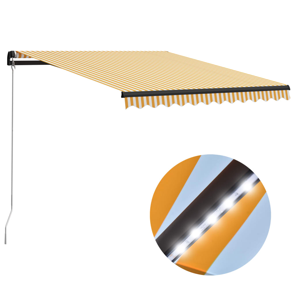 Käsin sisäänkelattava markiisi LEDillä 300x250cm keltavalkoinen - Sisustajankoti.fi