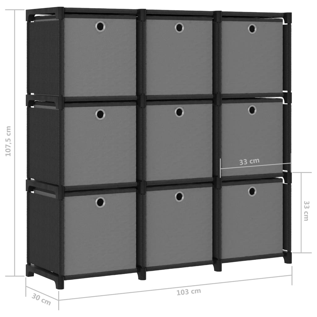 9 kuution esittelyhylly + laatikot musta 103x30x107,5 cm kangas - Sisustajankoti.fi