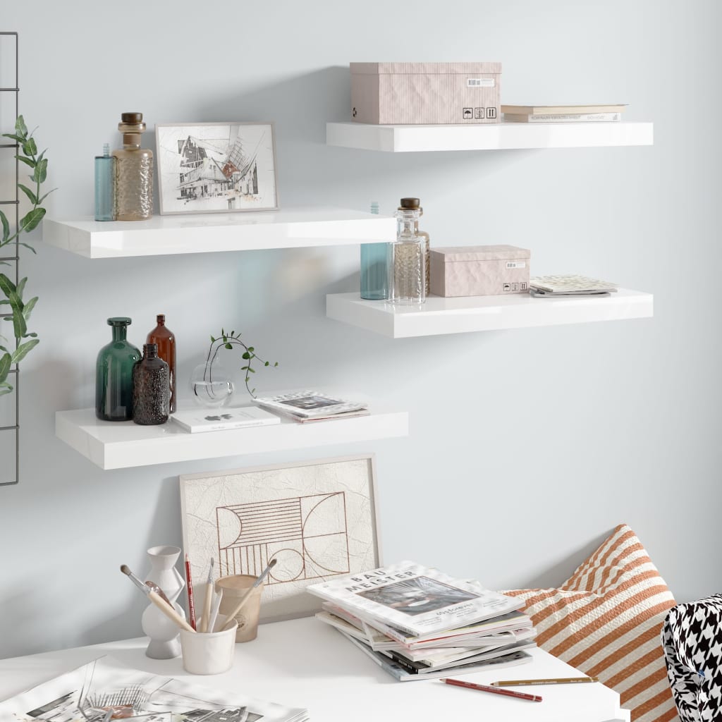 Kelluvat seinähyllyt 4 kpl korkeakiilto valk. 50x23x3,8 cm MDF - Sisustajankoti.fi