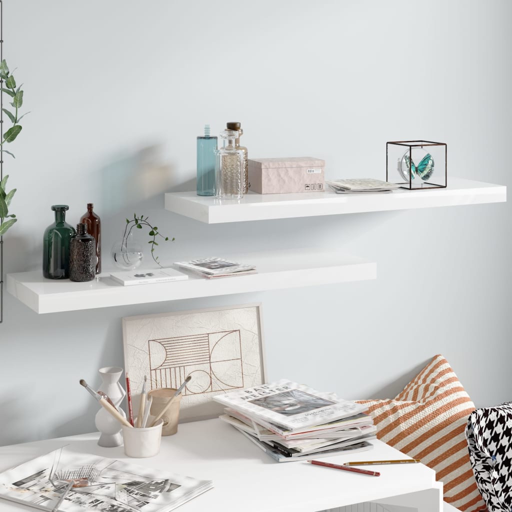 Kelluvat seinähyllyt 2kpl korkeakiilto valk. 80x23,5x3,8 cm MDF - Sisustajankoti.fi