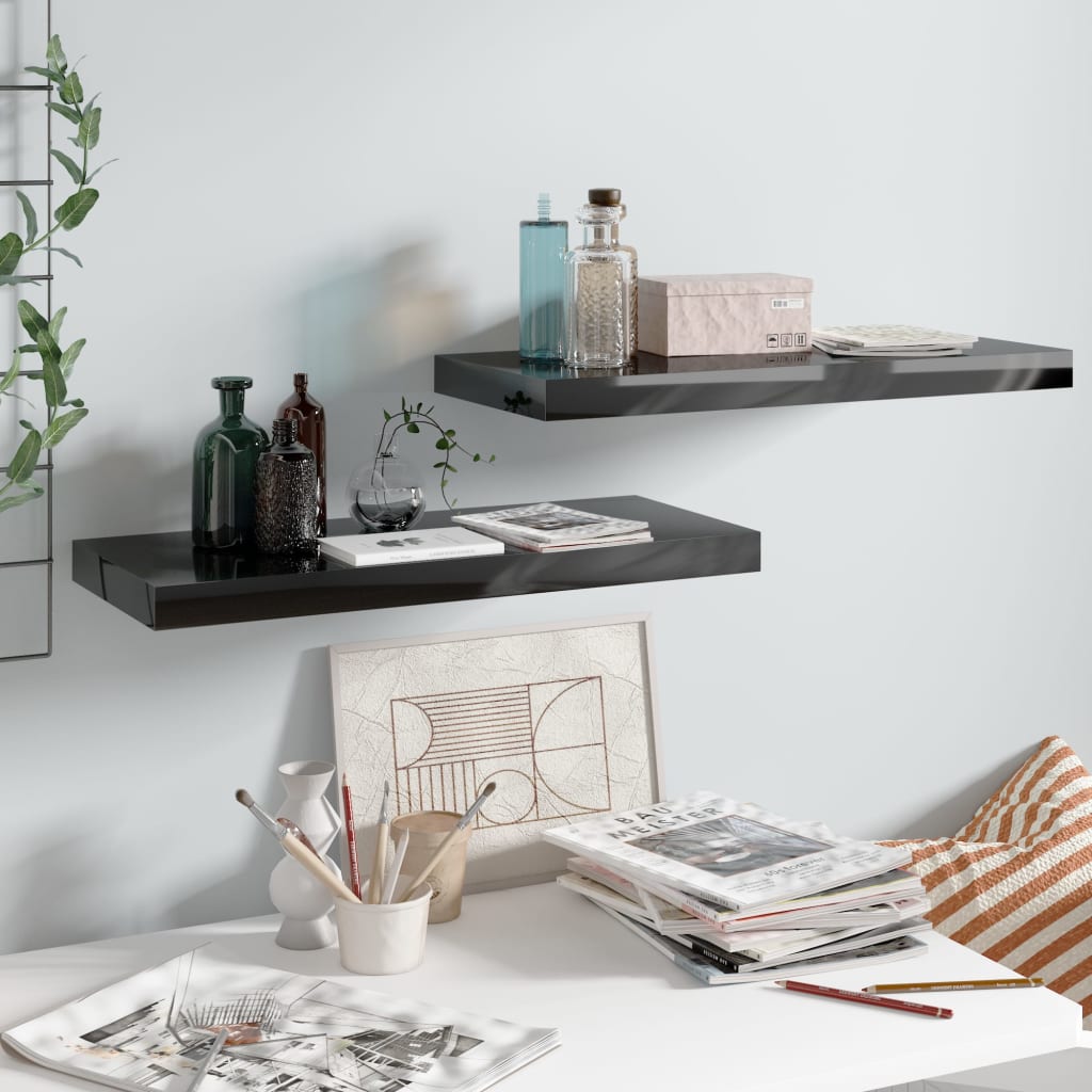 Kelluvat seinähyllyt 2kpl kork.kiilto musta 60x23,5x3,8 cm - Sisustajankoti.fi