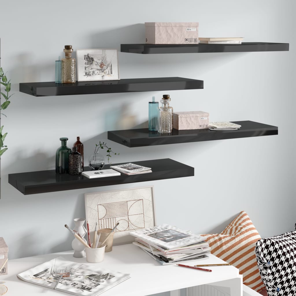 Kelluvat seinähyllyt 4 kpl korkeakiilto musta 80x23,5x3,8cm - Sisustajankoti.fi