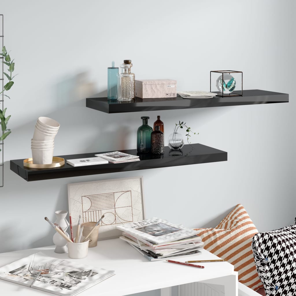 Kelluvat seinähyllyt 2kpl korkeakiilto musta 90x23,5x3,8 cm - Sisustajankoti.fi