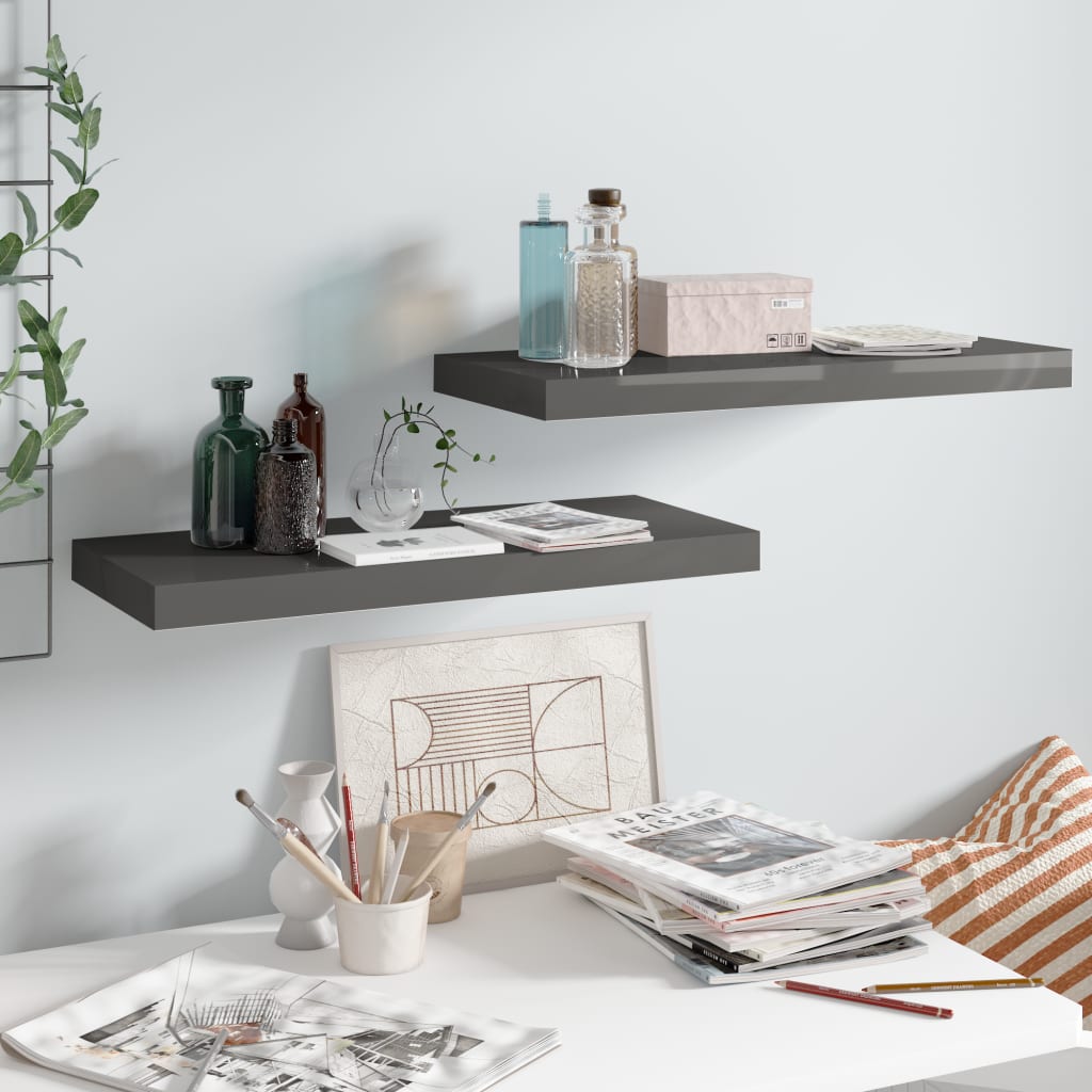 Kelluvat seinähyllyt 2kpl kork.kiilto harmaa 60x23,5x3,8cm MDF - Sisustajankoti.fi