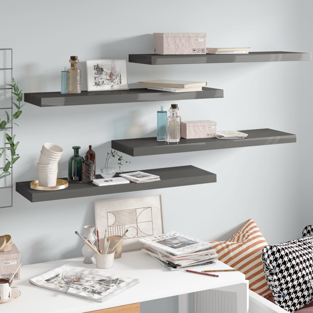 Kelluvat seinähyllyt 4kpl korkeakiilto harmaa 90x23,5x3,8cm MDF - Sisustajankoti.fi