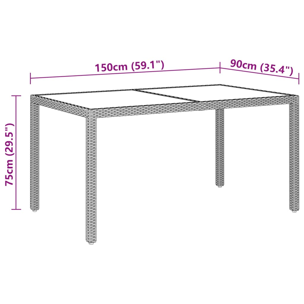 Puutarhapöytä 150x90x75cm karkaistu lasi ja polyrottinki ruskea - Sisustajankoti.fi