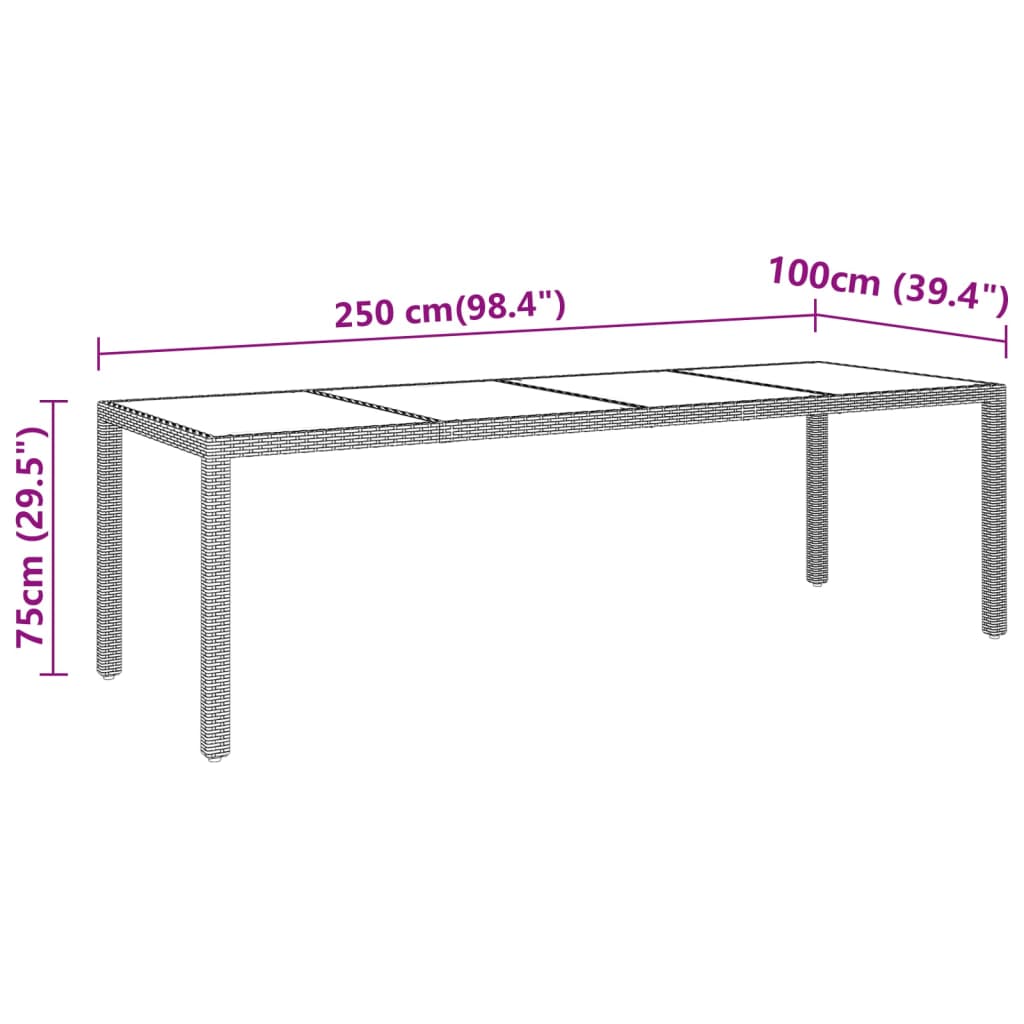 Puutarhapöytä 250x100x75cm karkaistu lasi/polyrottinki harmaa - Sisustajankoti.fi