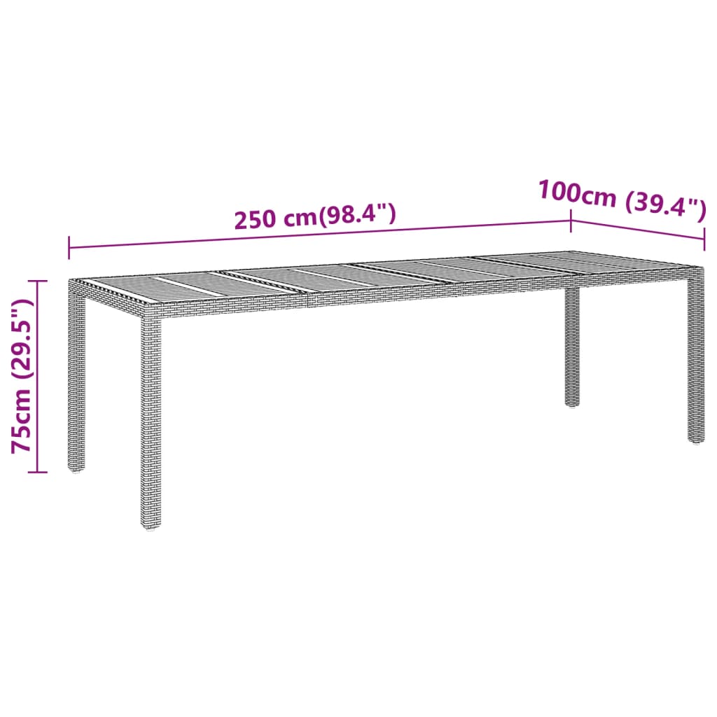 Puutarhapöytä 250x100x75 cm akaasiapuu ja polyrottinki musta - Sisustajankoti.fi