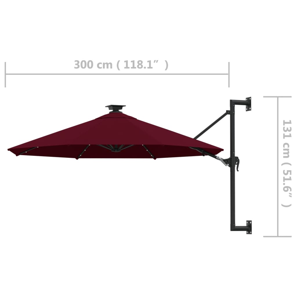 Seinäkiinnitteinen aurinkovarjo LED ja tolppa 300 cm tummanpun. - Sisustajankoti.fi