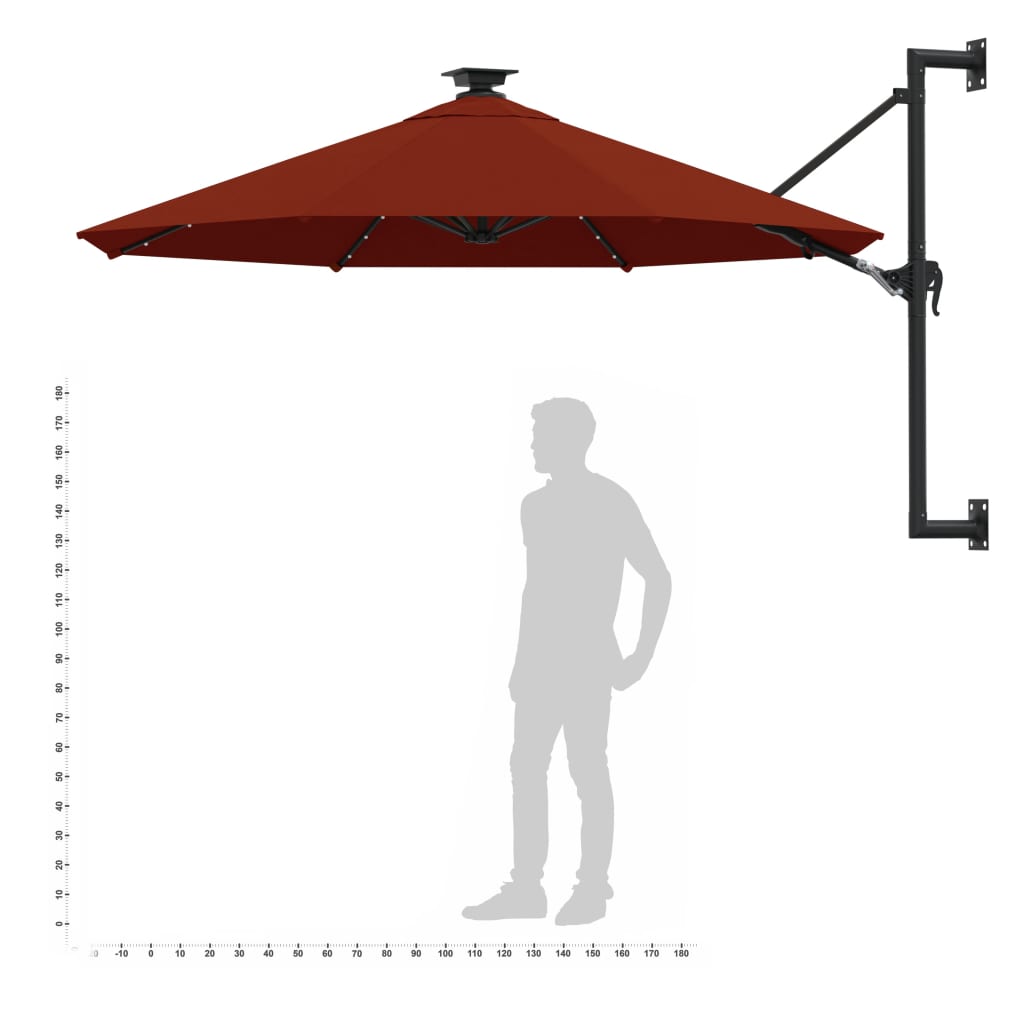 Seinäkiinnitteinen aurinkovarjo LED ja tolppa 300 cm terrakotta - Sisustajankoti.fi