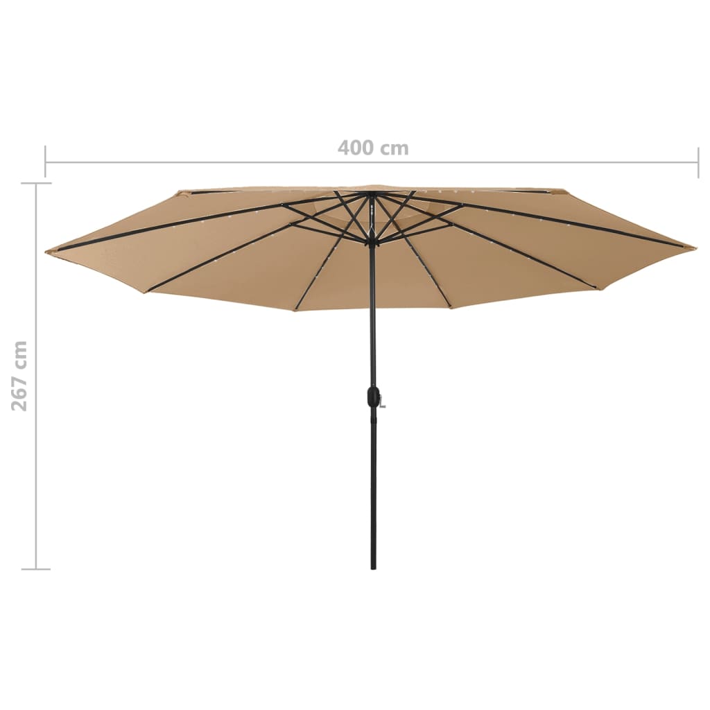 Aurinkovarjo LED-valot ja metallitanko 400 cm ruskeanharmaa - Sisustajankoti.fi
