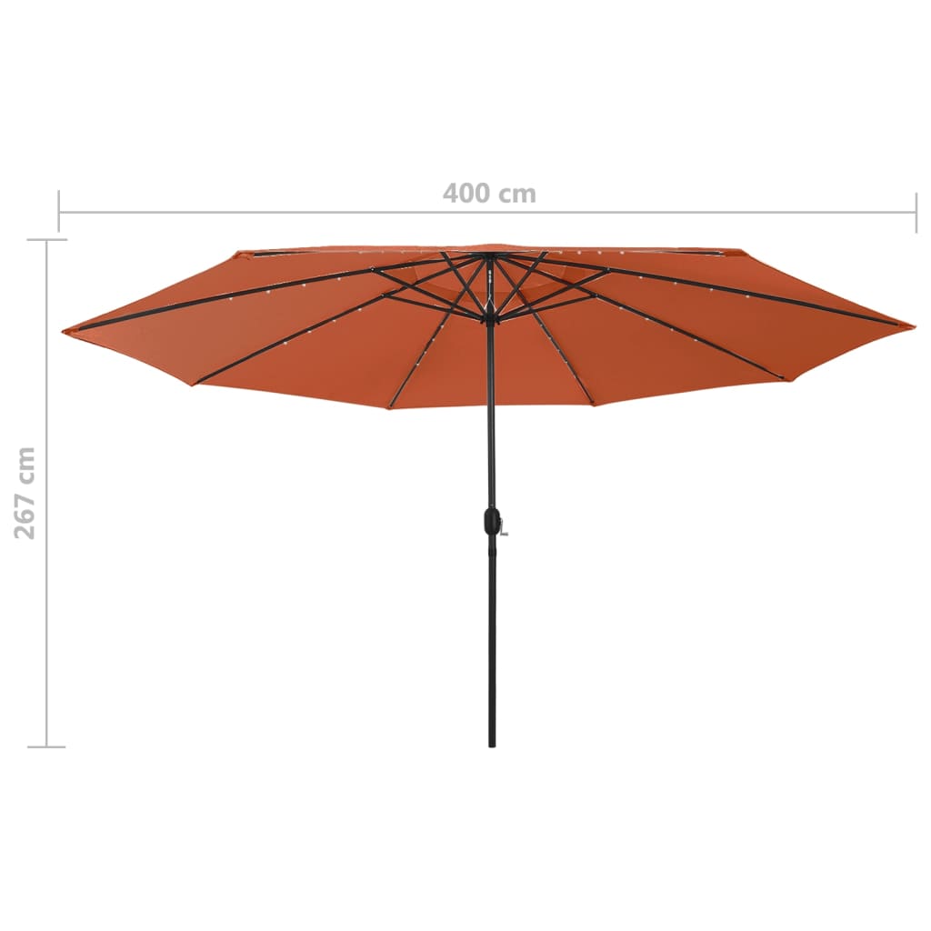 Aurinkovarjo LED-valot ja metallitanko 400 cm terrakotta - Sisustajankoti.fi