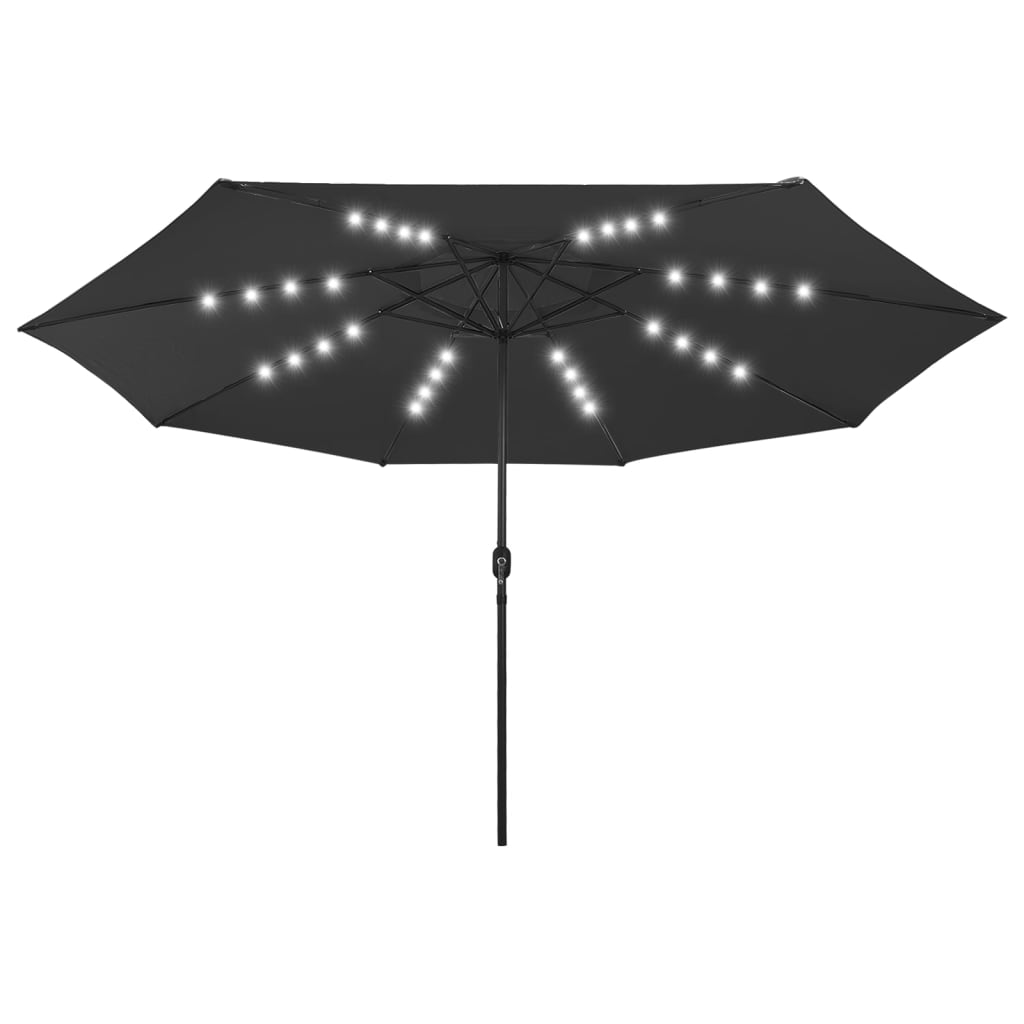 Aurinkovarjo LED-valot ja metallitanko 400 cm musta - Sisustajankoti.fi