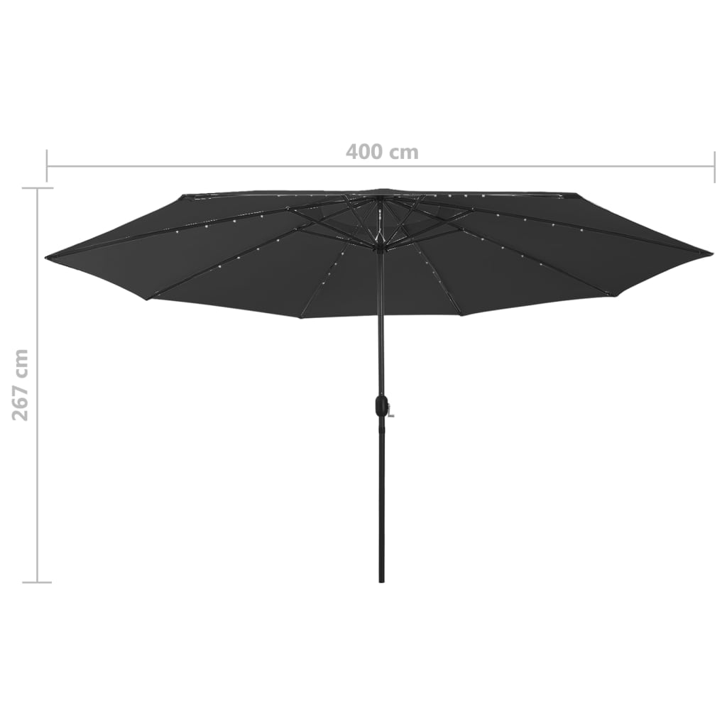 Aurinkovarjo LED-valot ja metallitanko 400 cm musta - Sisustajankoti.fi