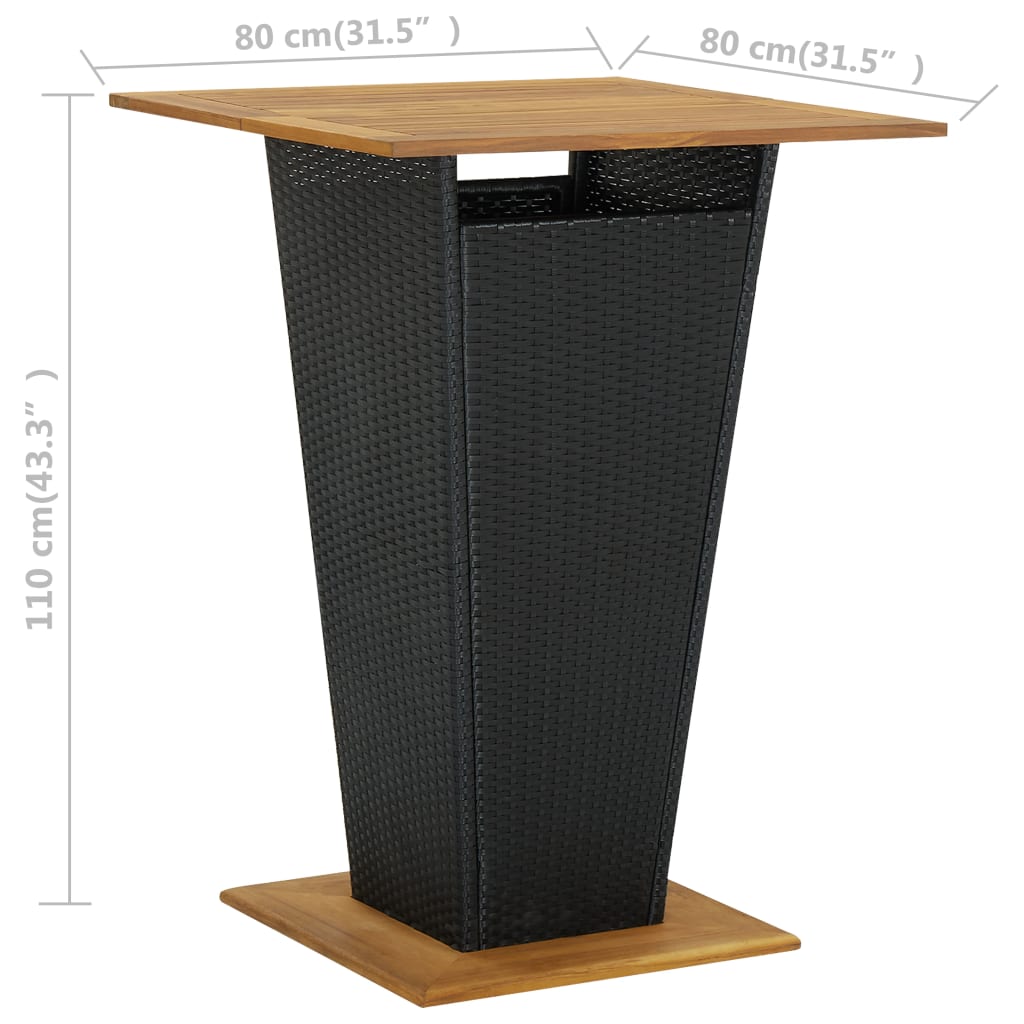 Baaripöytä musta 80x80x110 cm polyrottinki ja täysi akaasiapuu - Sisustajankoti.fi