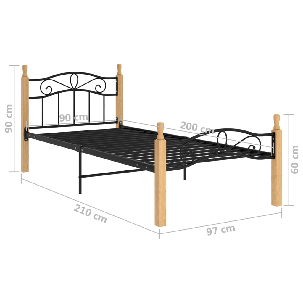 Sängynrunko musta metalli ja täysi tammi 90x200 cm - Sisustajankoti.fi
