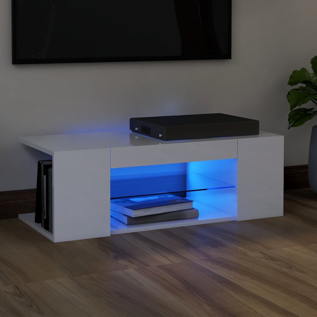 TV-taso LED-valoilla korkeakiilto valkoinen 90x39x30 cm - Sisustajankoti.fi