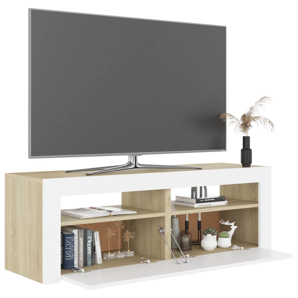 TV-taso LED-valoilla valkoinen ja Sonoma-tammi 120x35x40 cm - Sisustajankoti.fi