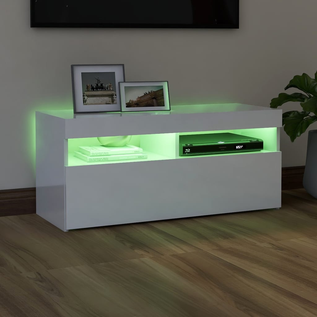TV-taso LED-valoilla korkeakiilto valkoinen 90x35x40 cm - Sisustajankoti.fi