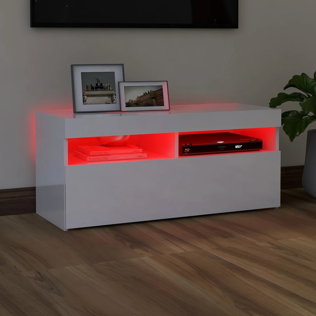 TV-taso LED-valoilla korkeakiilto valkoinen 90x35x40 cm - Sisustajankoti.fi