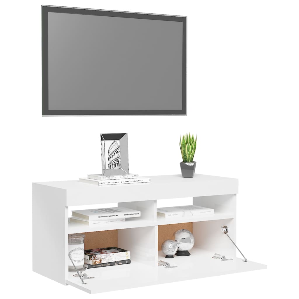 TV-taso LED-valoilla korkeakiilto valkoinen 90x35x40 cm - Sisustajankoti.fi
