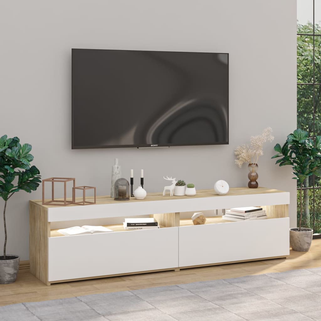 TV-tasot 2 kpl LED-valoilla valkoinen/Sonoma-tammi 75x35x40 cm - Sisustajankoti.fi