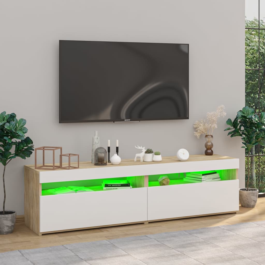TV-tasot 2 kpl LED-valoilla valkoinen/Sonoma-tammi 75x35x40 cm - Sisustajankoti.fi