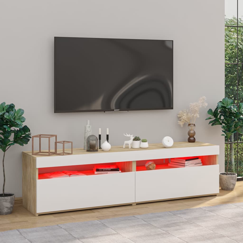 TV-tasot 2 kpl LED-valoilla valkoinen/Sonoma-tammi 75x35x40 cm - Sisustajankoti.fi