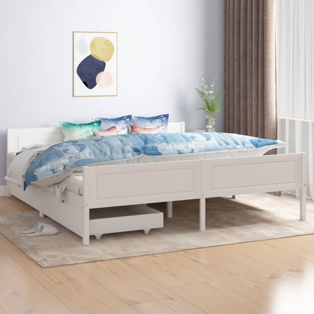 Sängynrunko 2 vetolaatikolla valkoinen täysi mänty 180x200 cm - Sisustajankoti.fi