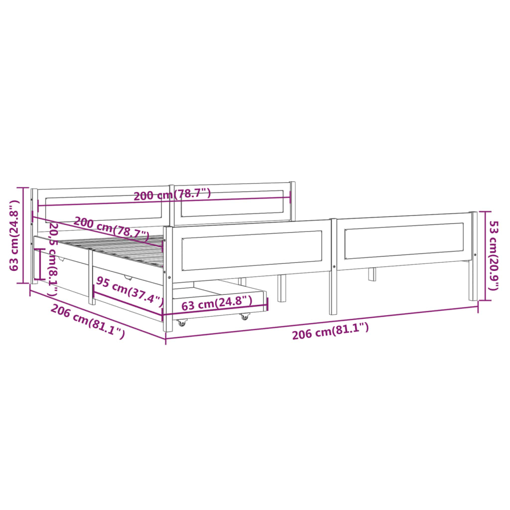 Sängynrunko 2 vetolaatikolla valkoinen täysi mänty 200x200 cm - Sisustajankoti.fi