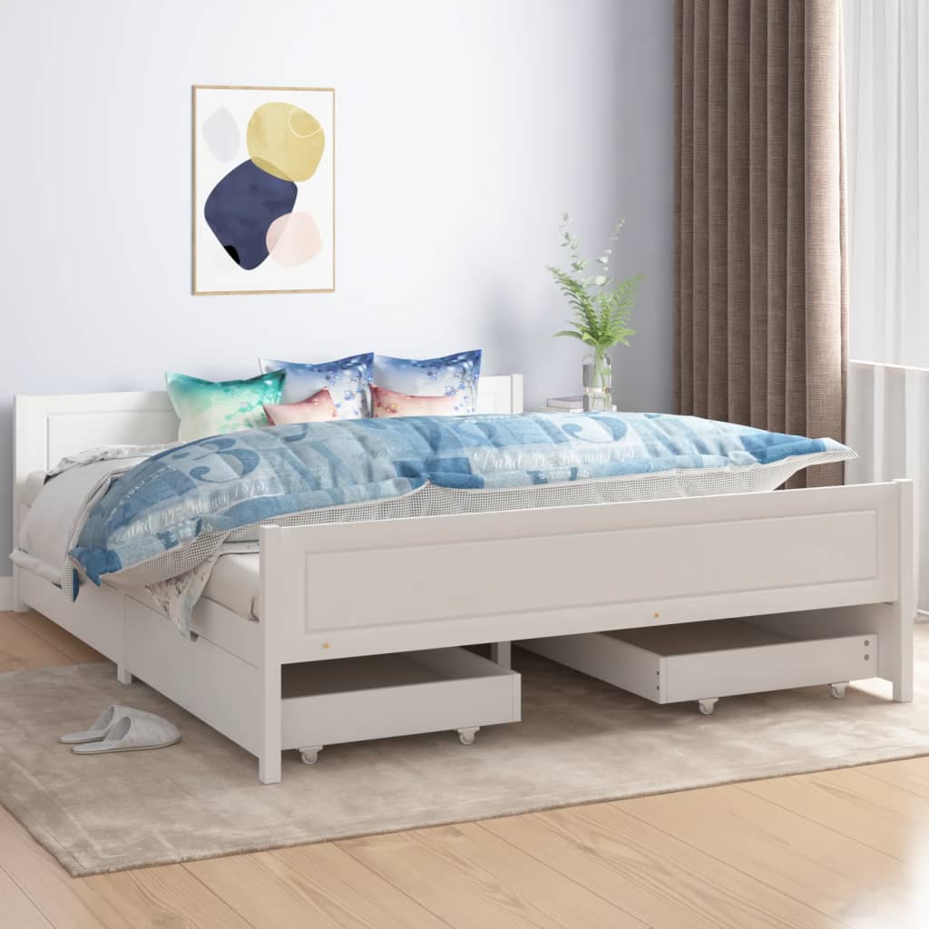 Sängynrunko 4 vetolaatikolla valkoinen täysi mänty 160x200 cm - Sisustajankoti.fi