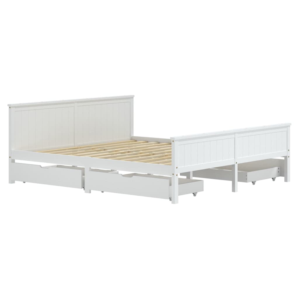 Sängynrunko 4 vetolaatikolla valkoinen täysi mänty 200x200 cm - Sisustajankoti.fi