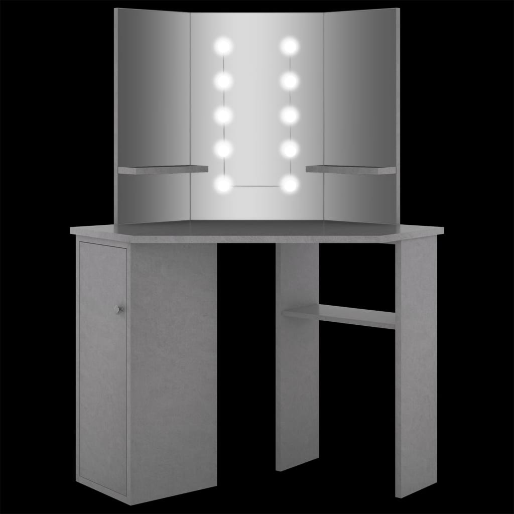 Meikkipöytä kulmaan LED-valoilla betoninharmaa 111x54x141,5 cm - Sisustajankoti.fi